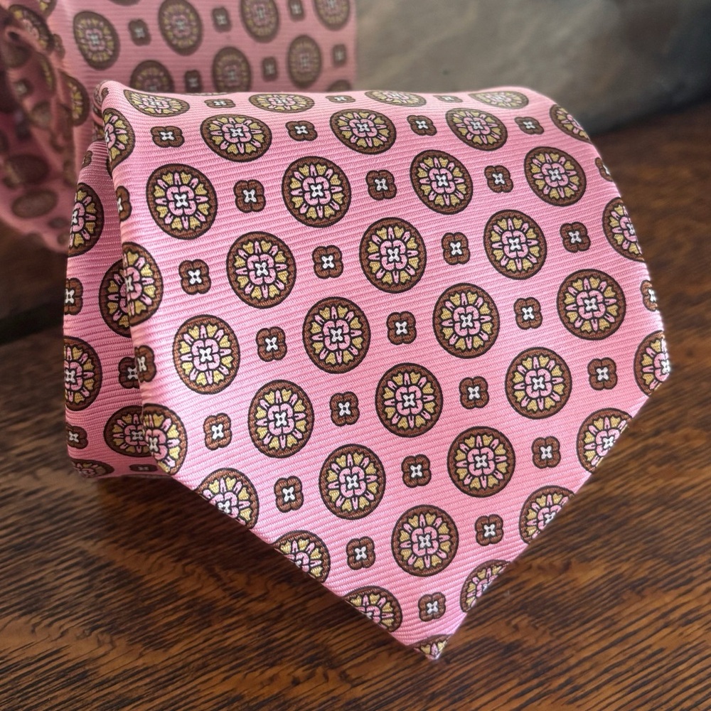 Kiton Seven Fold Pink with Tan and Brown Medallions. Extra Long 62” Tie